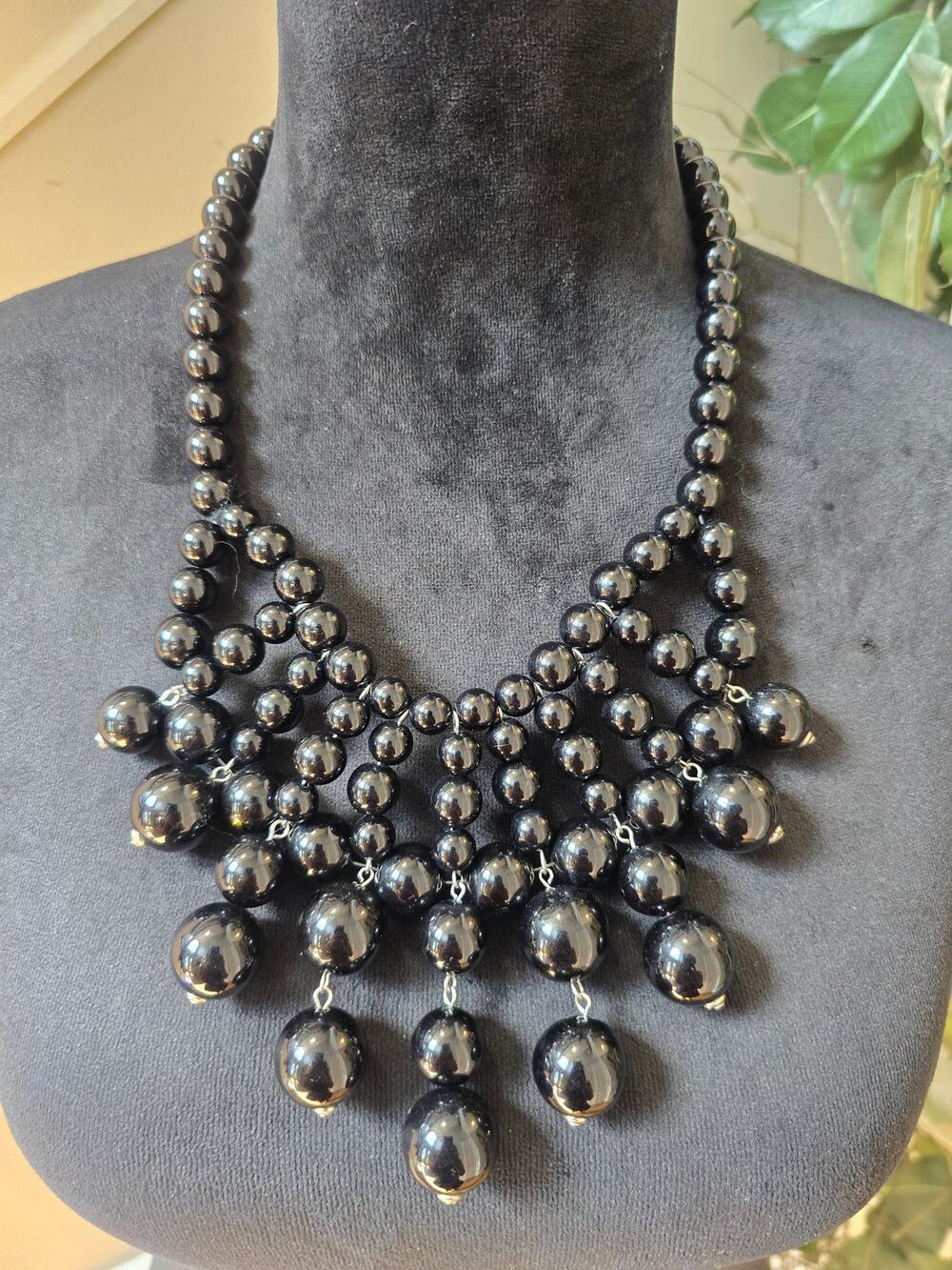 Black Gunmetal Beaded Bib Statement Necklace